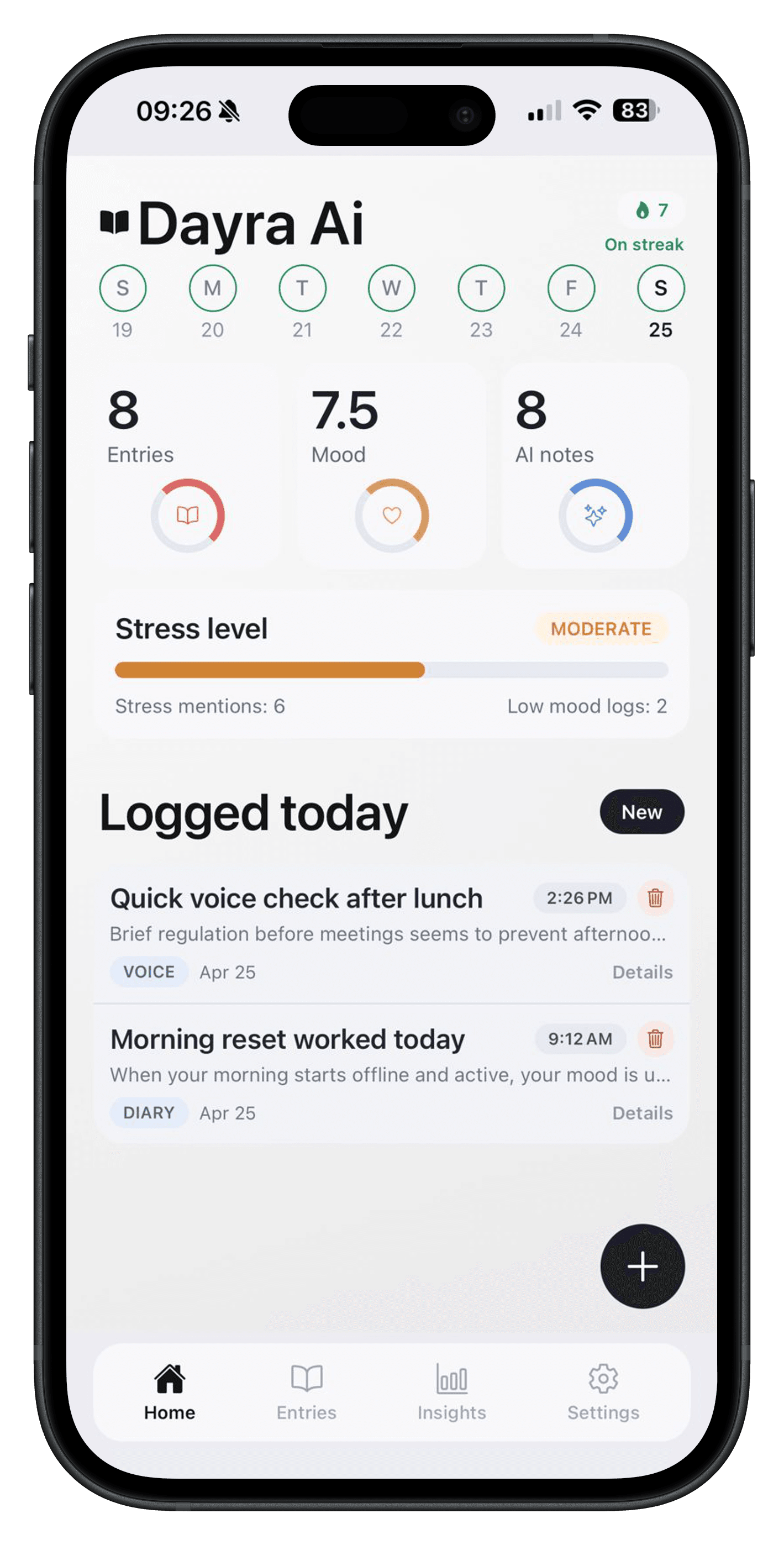 Dayra home screen for recording and reflecting